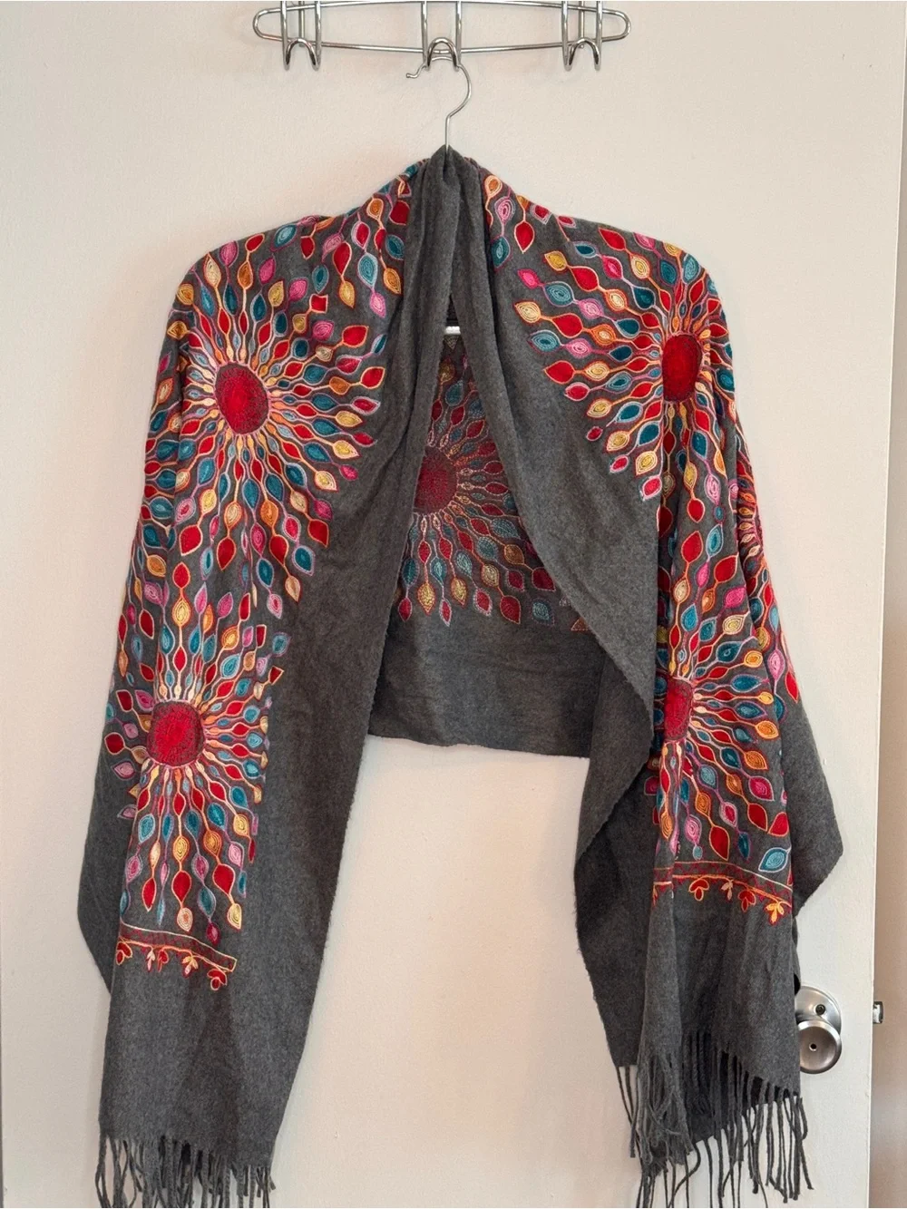 Soft Gray Scarf with Multicolor Sunburst Embroidery patterns like new